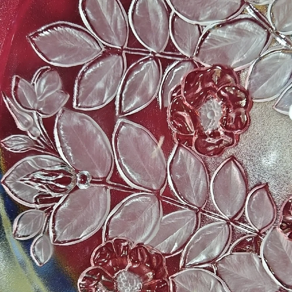 VTG Walther Glas Rosella Pink Frosted Floral Glass Platter NWT Germany